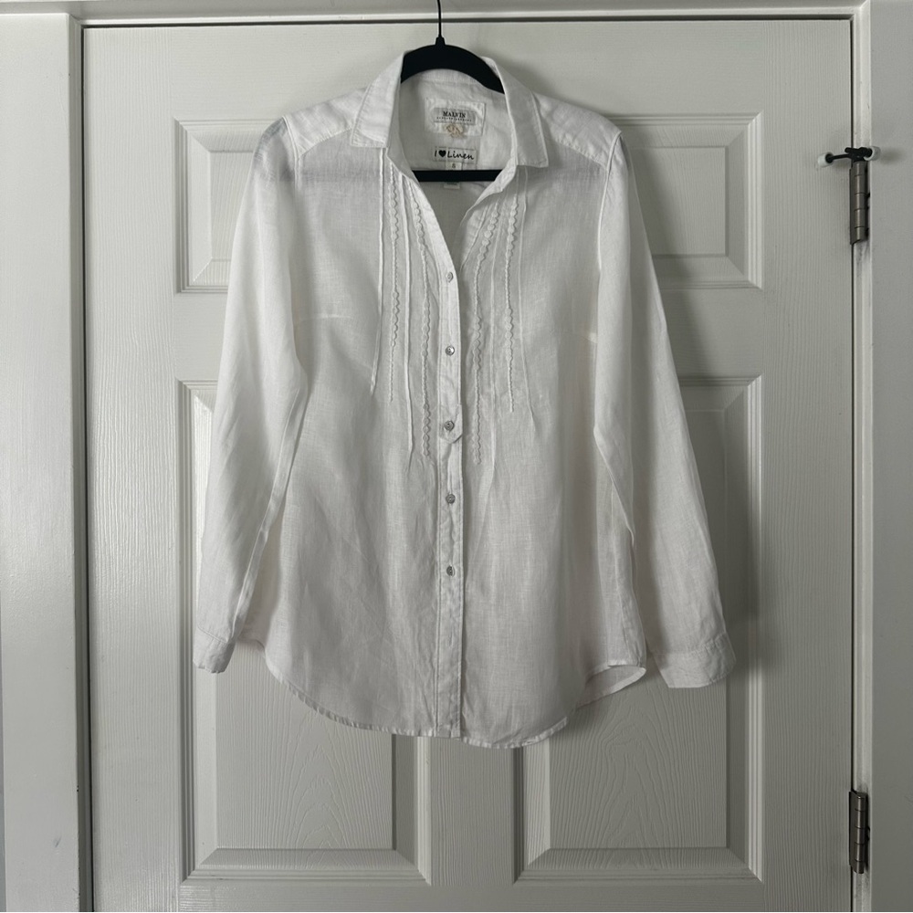 Malvin Hamburg Germany 100% Linen White Pintuck Lace Button Down Blouse Small